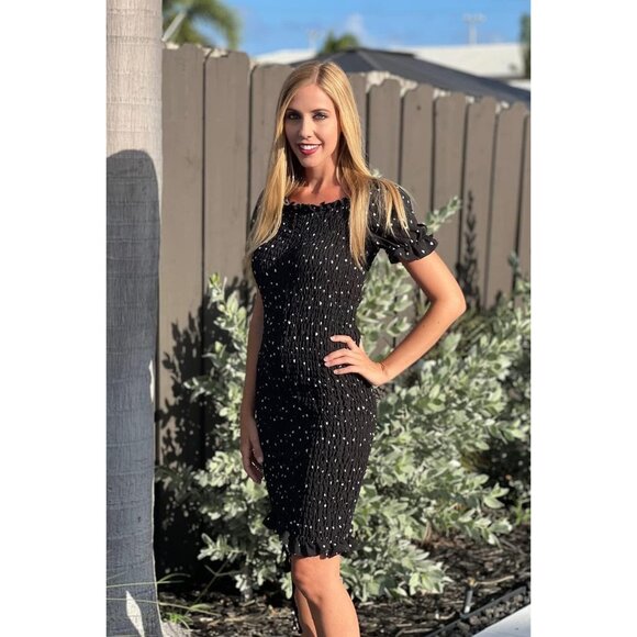 Women's Off Shoulder Bodycon Dress Summer Short Sleeve Smocked Mini - Picture 4 of 5